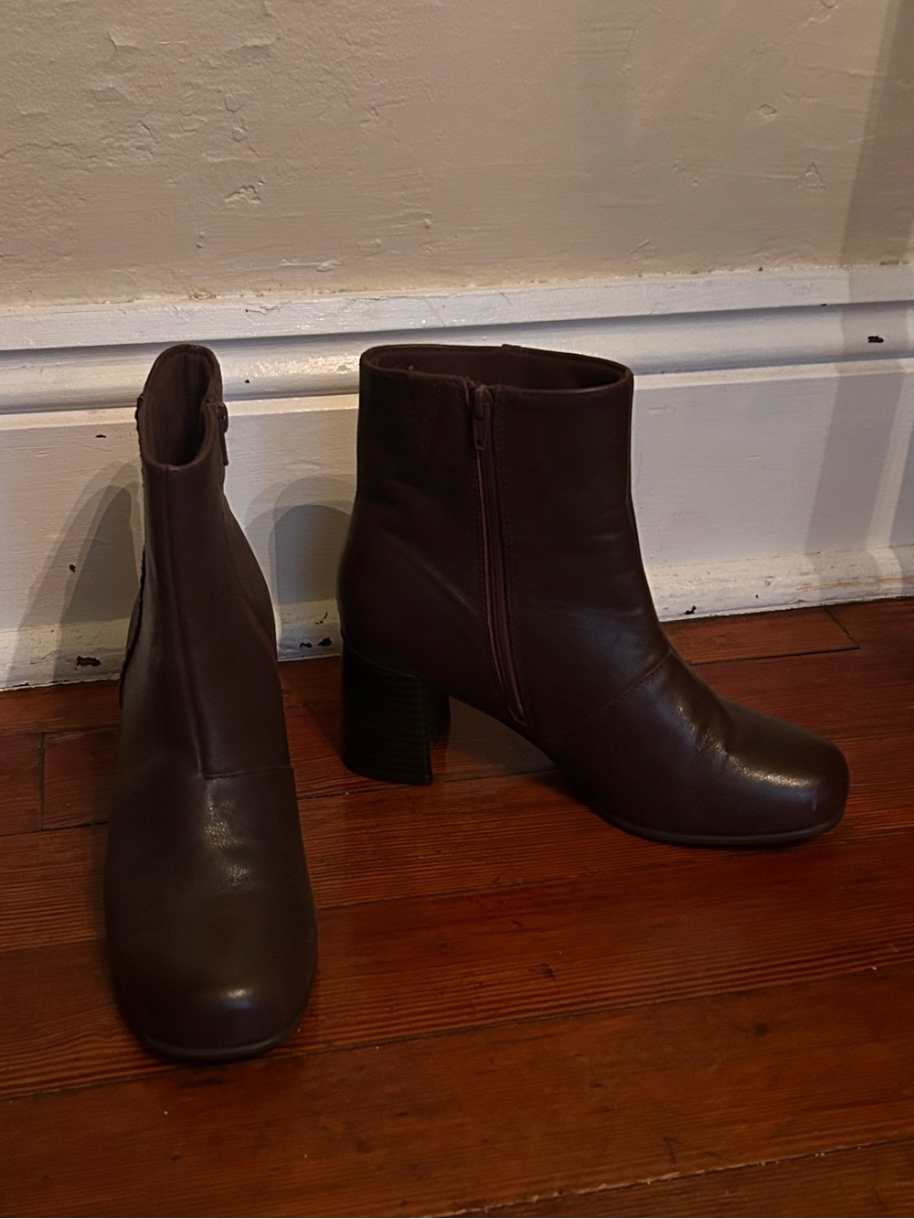 Clarks Dark Brown Leather Ankle Booties with Block Heel
